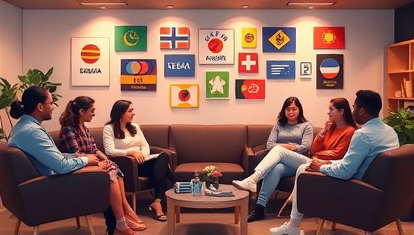 A virtual language exchange lounge with diverse avatars conversing in different languages, sharing cultural insights, and engaging in interactive language practice sessions, reflecting the dynamic and inclusive nature of the online language exchange platform.