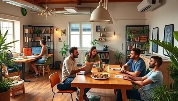 A vibrant co-living space with diverse residents collaborating in a communal workspace, enjoying a shared meal in a cozy dining area, and participating in a group brainstorming session, illustrating the collaborative and community-driven environment fostered by NomadNest Living for remote working professionals.