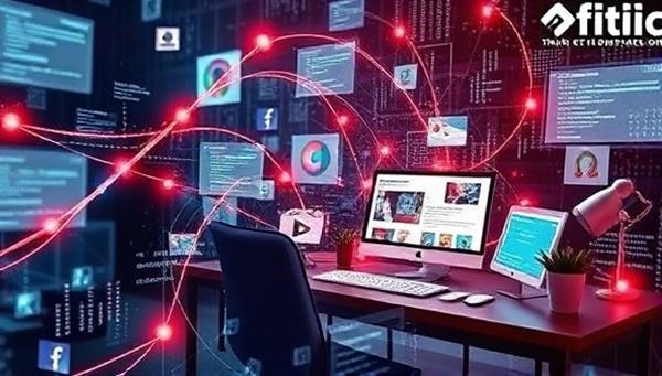 An artistic visualization of a digital content creation process, with data streams flowing into a content editor