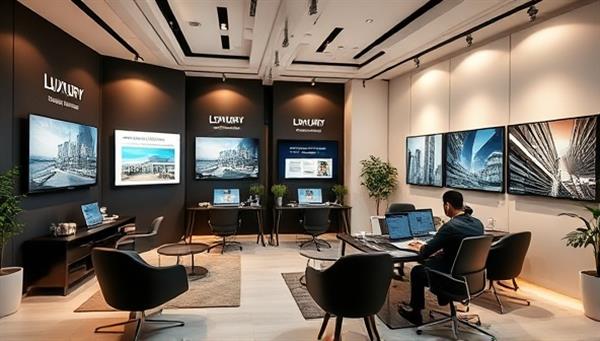 A sophisticated marketing agency office with sleek branding materials, digital screens displaying luxury property campaigns, and a team of creative professionals brainstorming innovative marketing strategies, exuding elegance and expertise in catering to high-end real estate clients.