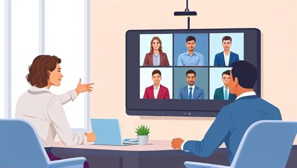 A professional digital illustration of a virtual executive coaching session, featuring a coach leading a leadership training workshop with a group of executives on a video conference call, discussing leadership strategies and team performance, conveying professionalism and leadership development.