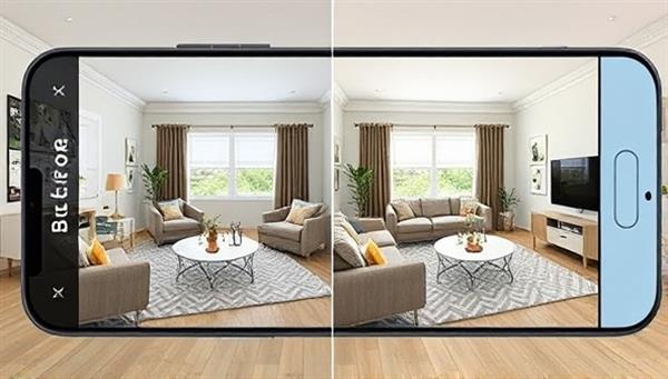 An engaging AR visualization of a living room transformation, showing a before-and-after comparison with seamlessly integrated virtual furniture and decor elements, demonstrating the app