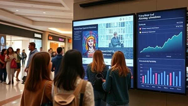 An interactive digital signage display in a busy shopping center, showing a customized ad being viewed by a diverse group of shoppers, with real-time analytics displayed on the side, illustrating the impact of AI-driven advertising on audience engagement.
