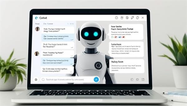 An interactive chatbot interface on a laptop screen engaging with a user, displaying risk assessment questions and personalized insurance recommendations, emphasizing convenience and real-time assistance in decision-making.