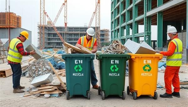 A construction site with workers sorting and recycling various materials like concrete, wood, and metal into designated recycling bins, showcasing the eco-friendly and sustainable waste management practices of EcoBuild Recycle, contributing to a cleaner environment and greener construction industry.