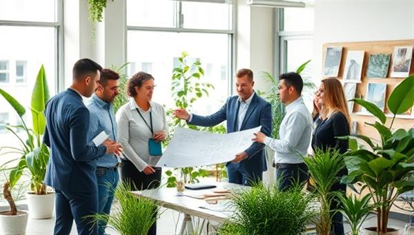 An office setting with a team of consultants discussing sustainable construction blueprints and materials, surrounded by greenery and eco-friendly design samples, emphasizing the commitment to environmental stewardship.