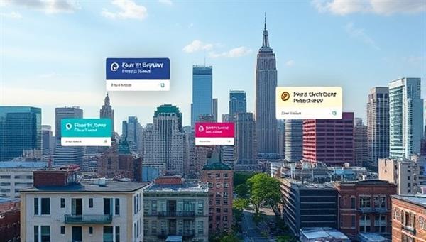 An artistic depiction of a city skyline with color-coded parking spots and reservation notifications floating above buildings, illustrating the convenience and efficiency of ParkSmart Reserve in urban parking management.