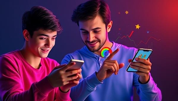 A vibrant and dynamic visual of Gen Z users interacting with the investment app on their smartphones, with colorful graphs and investment symbols popping out of the screens, symbolizing accessibility and empowerment in commission-free investing for the younger demographic.