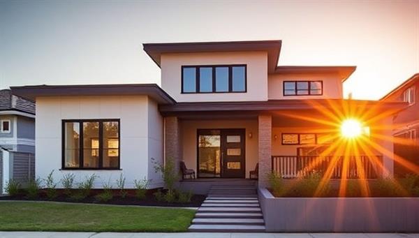 A visually captivating real estate photo of a modern home exterior bathed in golden sunlight, showcasing the architectural details, landscaping, and curb appeal of the property, highlighting the quality of VisuEstate Media