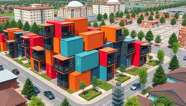 An artistic rendering of a vibrant urban landscape with a cluster of colorful container homes stacked creatively, surrounded by green spaces and community amenities, illustrating the modern and sustainable living environment created by Container Haven Homes.