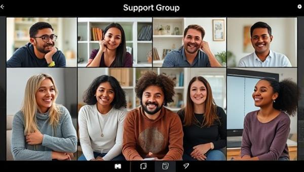 A virtual support group session with diverse participants sharing experiences and connecting in a safe and supportive online environment, guided by a professional counselor, conveying empathy, solidarity, and a sense of community in mental health advocacy.