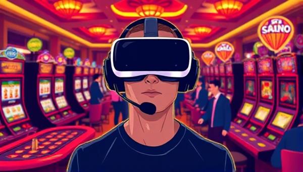 An illustration of a person wearing a VR headset, surrounded by virtual casino tables, slot machines, and other players, capturing the excitement and immersion of the VR casino experience.