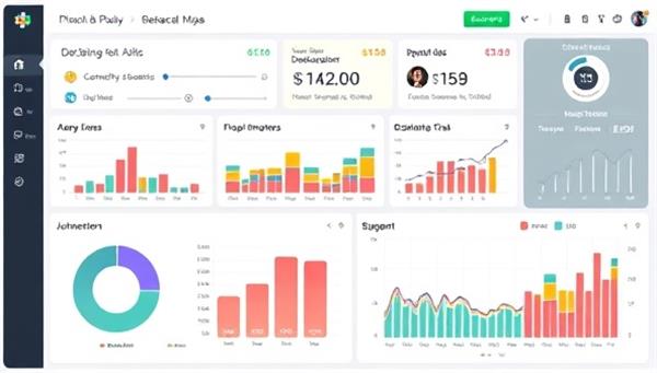 An interactive digital dashboard displaying colorful graphs, budget breakdowns, and spending trends, creating a visual representation of financial management and budget tracking, emphasizing clarity and organization in personal finance.