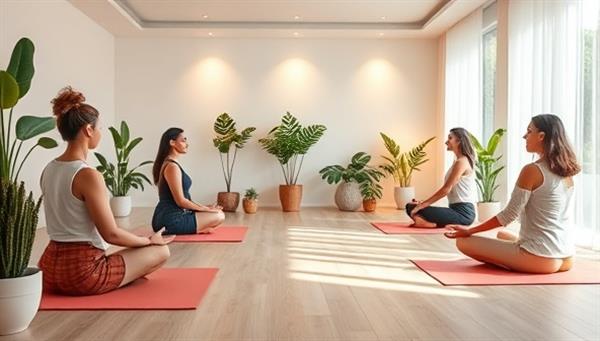 A tranquil virtual wellness workshop setting with participants engaging in meditation, yoga poses, and deep-breathing exercises while surrounded by soothing natural elements like plants, soft lighting, and calming music, creating a serene and rejuvenating atmosphere for mental relaxation.