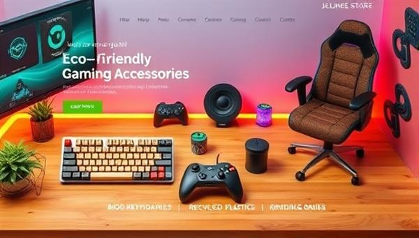 An online store homepage featuring a vibrant display of eco-friendly gaming accessories, including bamboo keyboards, recycled plastic controllers, and biodegradable gaming chairs, showcasing a sustainable and stylish gaming setup.