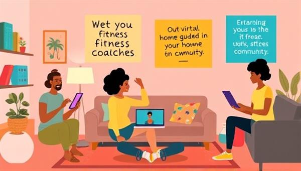 A vibrant digital illustration showcasing diverse individuals working out at home, guided by virtual fitness coaches on their screens, with motivational quotes in the background, promoting health and community.