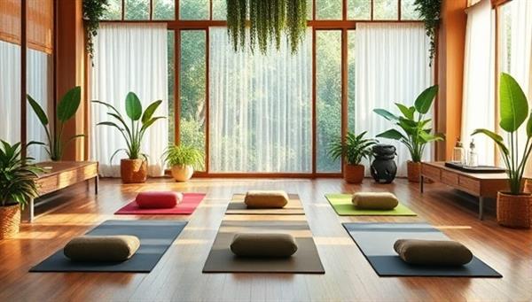 A serene visual representation showcasing a virtual wellness retreat setting with yoga mats, meditation cushions, and fitness equipment arranged in a tranquil space, surrounded by greenery and natural elements, inviting participants to join a rejuvenating online wellness experience.