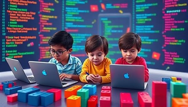 An imaginative digital scene featuring a group of kids engaged in coding activities on laptops, surrounded by colorful code snippets and playful coding block puzzles, fostering a creative and educational environment that inspires young learners in the world of technology at CodeGeniusJuniors.