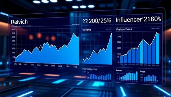 A futuristic digital interface displaying real-time analytics of influencer reach, engagement rates, and campaign performance metrics, symbolizing data-driven influencer marketing strategies.