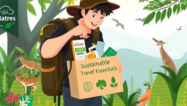 An artistic digital illustration of a traveler packing a sustainable travel essentials box into a backpack, surrounded by lush greenery and wildlife, symbolizing eco-friendly travel practices and nature conservation.