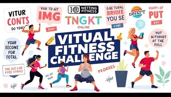 A dynamic digital illustration showcasing a virtual fitness challenge with diverse participants engaging in various workout routines, surrounded by motivational quotes and fitness trackers, illustrating the energy and excitement of achieving fitness goals online.