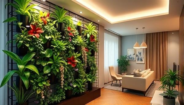 An elegant vertical garden installation in a modern apartment setting, featuring a variety of flourishing plants under soft LED lighting, creating a harmonious blend of nature and urban living.