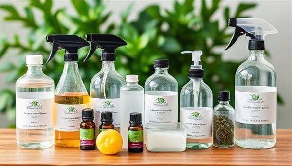 A beautifully arranged eco-friendly cleaning kit featuring glass spray bottles, essential oils, vinegar, and plant-based cleaning ingredients on a wooden table with green foliage in the background, highlighting the natural and sustainable aspects of the DIY home cleaning kits.