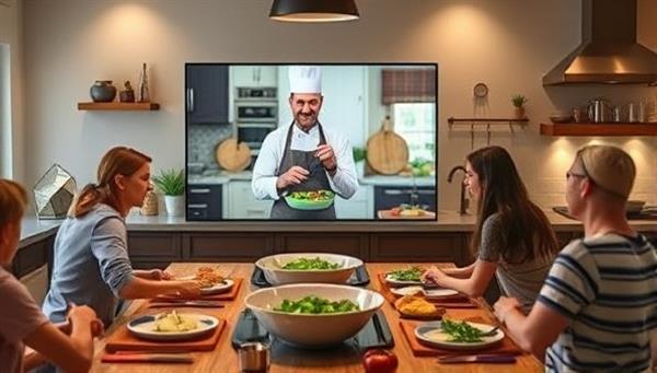 An engaging virtual cooking class scene with a chef demonstrating a recipe on screen, surrounded by enthusiastic participants cooking along in their own kitchens, showcasing a sense of community and learning in a digital cooking environment.