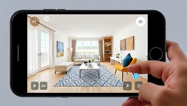 An engaging AR visualization of a property tour through AR Home Explore, highlighting the seamless integration of virtual furniture placement, space measurements, and interactive navigation, transforming the way properties are viewed and experienced.