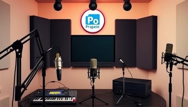 An artistic rendition of a podcast studio setting with microphones, soundproofing panels, and recording equipment, symbolizing the creative hub of diverse real estate podcast channels under the PropertyPod Hub network.