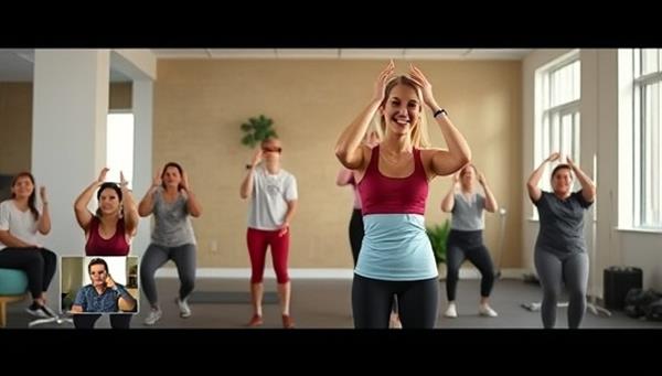 An energetic live streaming session featuring a fitness instructor leading a workout class with participants joining from different locations, showcasing the interactivity and community engagement of WellnessLive Hub in promoting health and wellness.