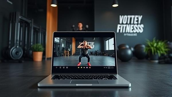 A sleek virtual fitness studio setup with a laptop displaying a live workout session, fitness equipment in the background, and a motivational quote on the wall, creating an immersive and engaging fitness environment.