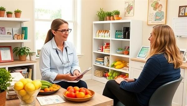 A professional nutritionist consulting with a client in a bright and welcoming office setting, discussing personalized meal plans and lifestyle changes, surrounded by healthy food choices and educational materials, promoting a holistic approach to wellness and nutrition.