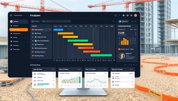 An interactive dashboard of a construction project management software displaying a Gantt chart, project timeline, budget tracker, and communication tools, with construction site images in the background, symbolizing efficiency and coordination.