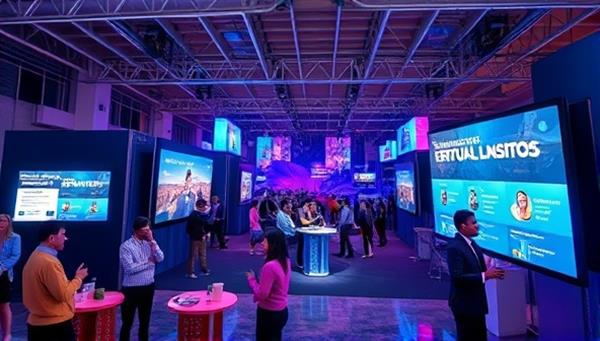 An engaging virtual event setup with people interacting in a digital space, screens displaying event schedules and activities, and vibrant visual elements creating a dynamic and immersive experience.