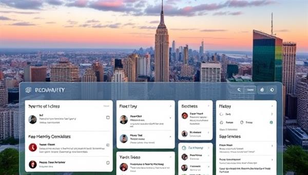 An engaging digital interface displaying a vibrant community forum with residents sharing ideas and feedback, overlaid with a city skyline in the background, symbolizing collaboration and civic participation.