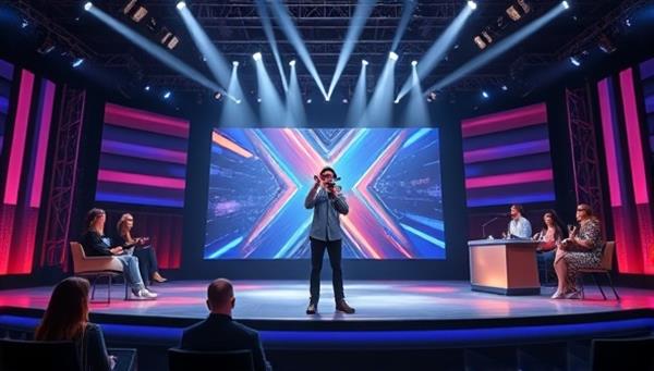 A digital stage with spotlights shining down on a performer showcasing their talent in a virtual talent show, with a diverse panel of judges watching attentively, capturing the essence of the online talent competition.
