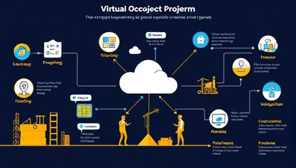 A dynamic infographic illustrating the seamless flow of communication and coordination in a remote construction project, with virtual project managers overseeing timelines, budgets, and tasks through a cloud-based platform, symbolizing efficiency and professional oversight.
