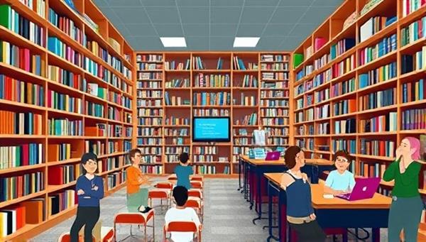 An imaginative depiction of a virtual library filled with digital books, interactive learning modules, and diverse avatars engaging in collaborative learning activities, representing the rich and diverse e-learning content available on the platform.