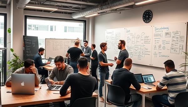 An urban co-working space bustling with tech entrepreneurs collaborating on laptops, brainstorming ideas on whiteboards, and engaging in mentorship sessions, illustrating a vibrant startup ecosystem.