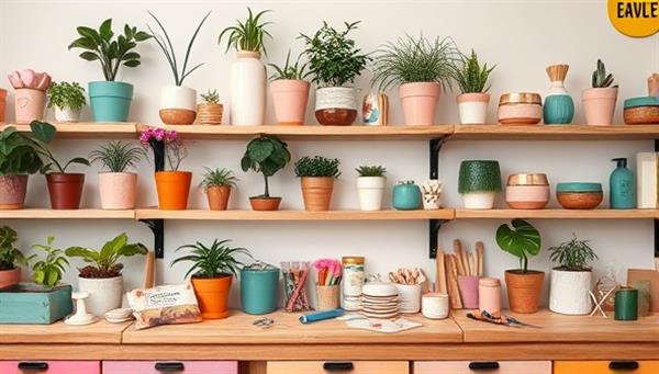 A vibrant studio setting with shelves displaying beautifully upcycled beauty containers transformed into plant pots, organizers, and decorative items, accompanied by crafting tools and materials, illustrating a creative and sustainable beauty upcycling workshop.