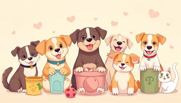 A delightful digital illustration featuring a collection of happy pets enjoying the contents of the Paws & Harmony Box, surrounded by playful toys, healthy treats, and colorful grooming products, evoking a sense of joy and well-being for pets and owners alike.