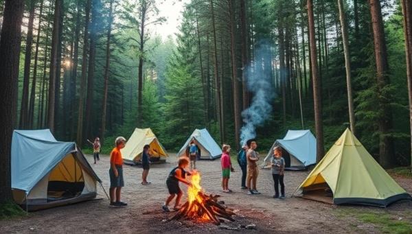 A picturesque outdoor campsite nestled in a lush forest, with children engaged in nature exploration, hiking trails, and team challenges, surrounded by tents, campfires, and outdoor learning stations, evoking a sense of adventure, discovery, and environmental immersion.