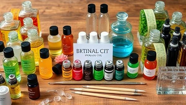 An artistic and colorful DIY fragrance kit with various botanical oils, glass vials, and blending tools neatly arranged on a wooden table, evoking a sense of creativity and personalization in crafting scents.