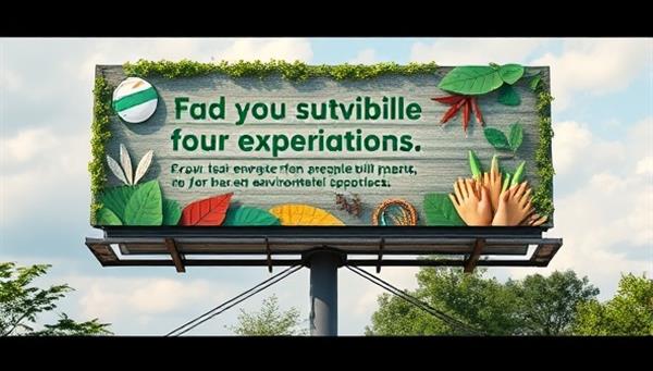An artistic representation of an eco-friendly billboard made from recycled materials, featuring a vibrant and nature-inspired design with messaging promoting sustainability and environmental responsibility, illustrating the visually appealing and impactful nature of GreenAdImpact