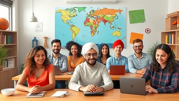 A vibrant online classroom setting with diverse avatars representing different cultures engaging in language learning activities and virtual travel experiences, creating a dynamic and immersive learning environment.