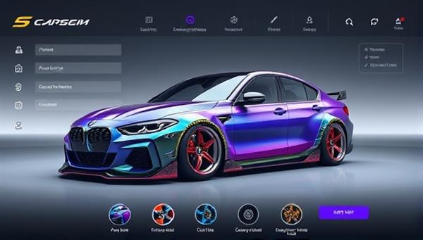 An eye-catching digital rendering of a customized car featuring unique paint colors, customized rims, and personalized body modifications, displayed on a sleek and modern interface to showcase the platform