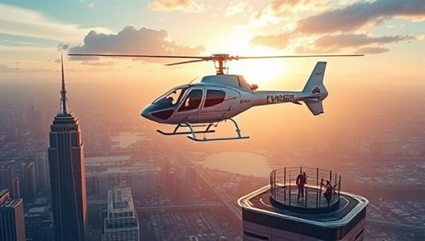 An artistic rendering showcasing a sleek air taxi taking off from a helipad atop a skyscraper, with a panoramic cityscape in the background and passengers enjoying a luxurious and efficient aerial commute, symbolizing the future of urban air mobility and personalized transportation services.