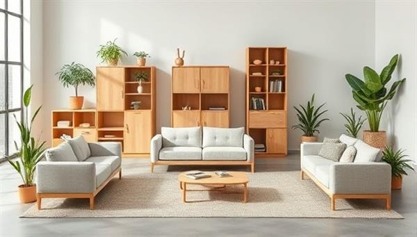 An array of modular furniture pieces displayed in a minimalist living room setting, showcasing the flexibility and sustainable design elements of the ecoMod furniture collection, surrounded by eco-friendly decor accents and indoor plants.