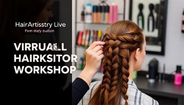 A virtual hairstyling workshop on HairArtistry Live featuring a professional hairstylist demonstrating a trendy braided hairstyle on a model, with a backdrop of colorful hair accessories and styling tools, exuding creativity and expertise in hair artistry.